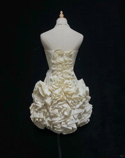 Elegant Off White Satin Ruffle Beaded A Line Short 9th Grade Homecoming Dress,Strapless Short Birthday Outfits D3377