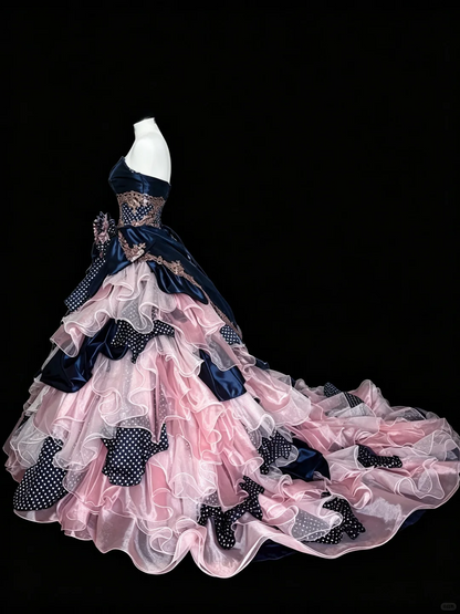 Retro Ball Gown Navy Blue Pink Satin Tulle Appliques Quinceanera Dress With Bow D5279