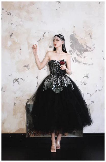 Gorgeous Strapless Black Tulle Sequin A Line Long Evening Dress Birthday Dress D2414