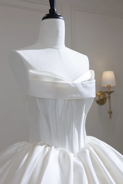 Fairy Strapless White Satin Pleated Long Wedding Dress D3089