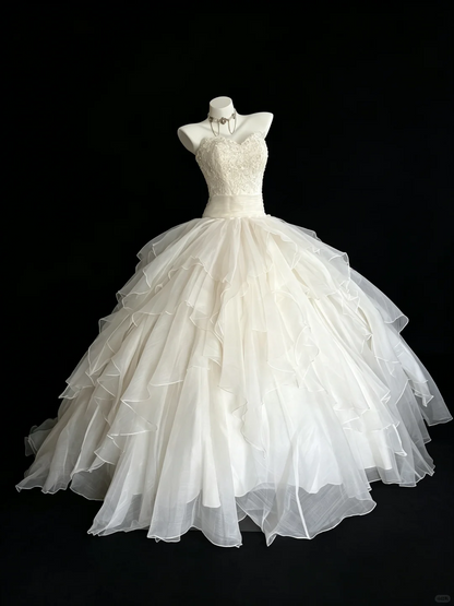 Glamorous Strapless White Tulle Tiered Long Wedding Dress D5240