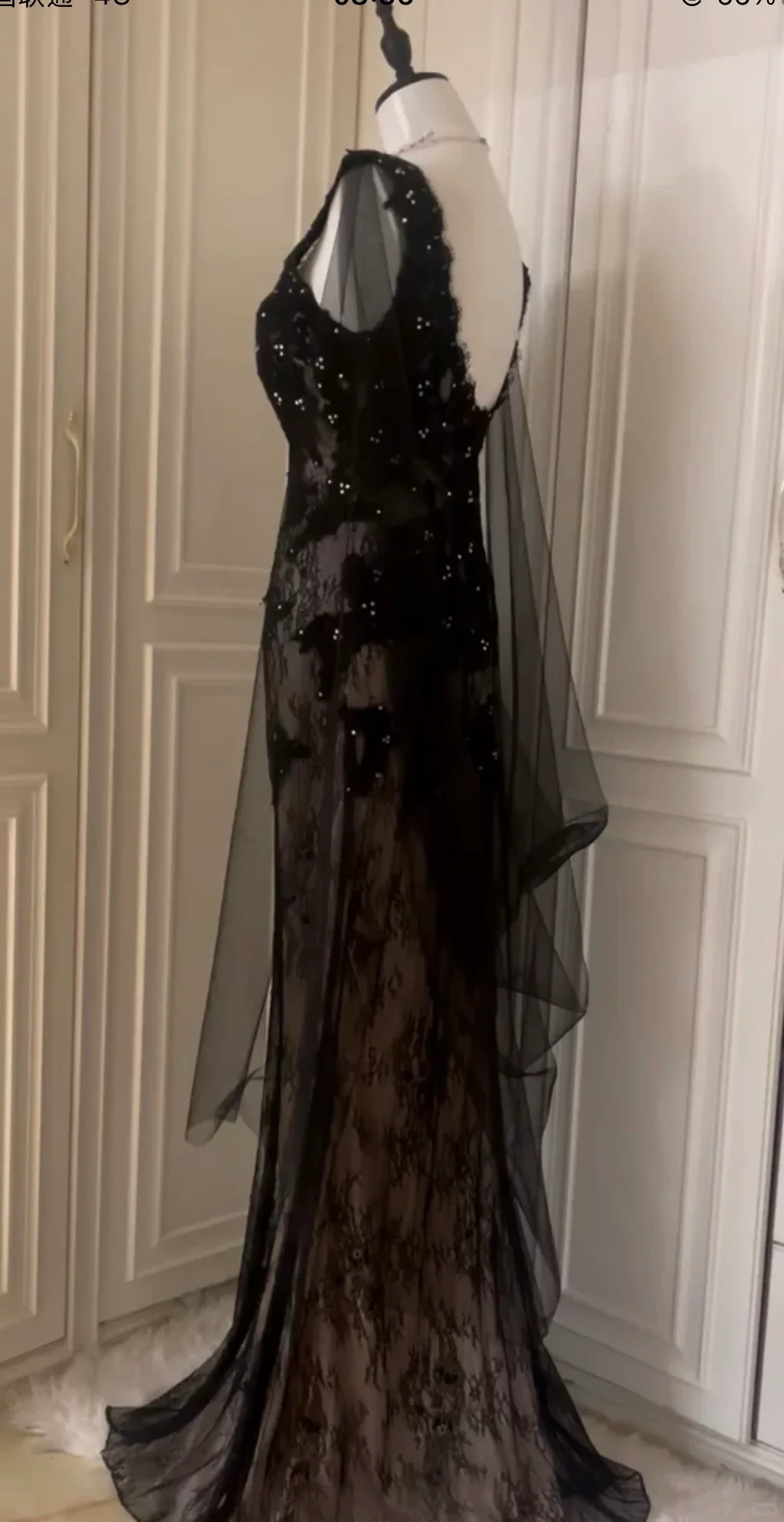 Elegant Black Lace Appliques Beaded Mermaid Evening Dress Long Birthday Prom Gown D3103