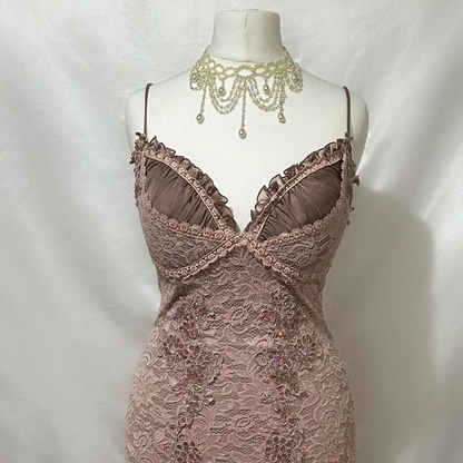 Brown Vintage Lace Beading Pleated Birthday Party Dress Short Homecoming Dress S346