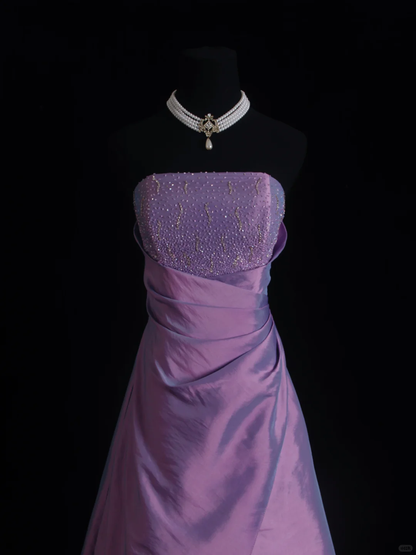 Vintage Purple Strapless Satin Beaded Long Party Dress Evening Dress D2848