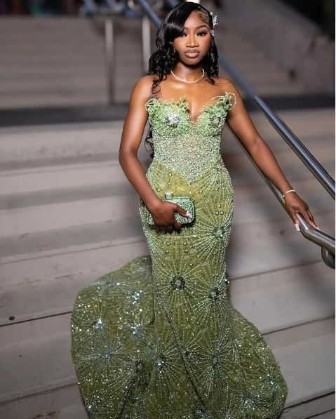 Luxurious Green Strapless Satin Sequin Beaded Mermaid Long Evening Gown Birthday Party Dress D4901
