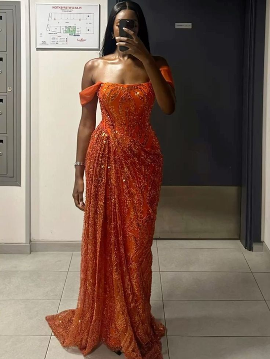 Elegant Orange Off The Shoulder Tulle Sequin Beaded Mermaid Long Prom Dress Evening Dress D2974