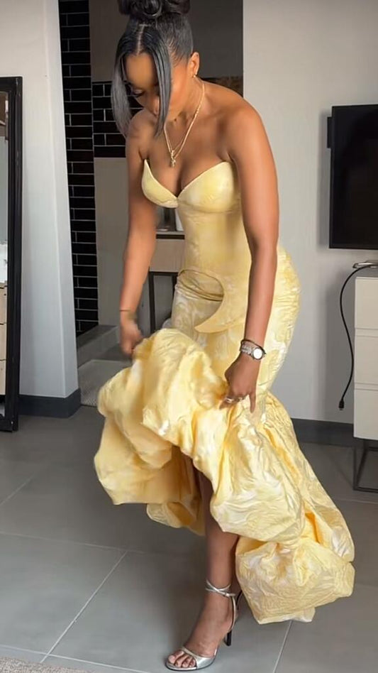 Chic Strapless Yellow Satin Print Floral Mermaid Long Party Dress Prom Dresses D4418