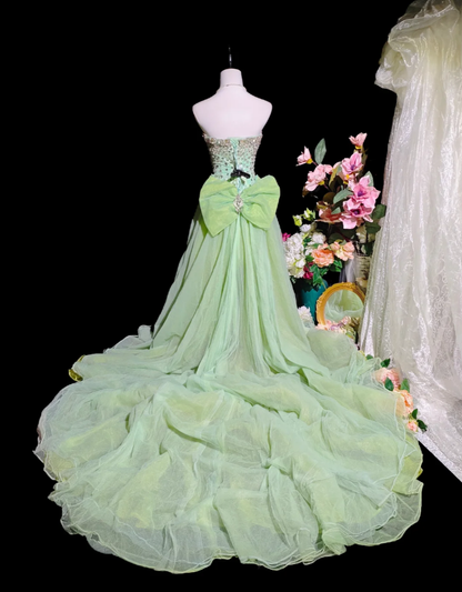 Unique Green Strapless Satin Tulle Beaded Long Birthday Party Dress Prom Gown D2372