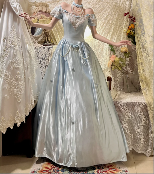 Fairy Blue Ball Gown Off The Shoulder Satin Long Birthday Party Dress With 3D Flowers Dress D21113