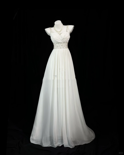 Pretty Spaghetti Straps White Chiffon Beaded A Line Long Evening Dress Birthday Prom Dress D2512