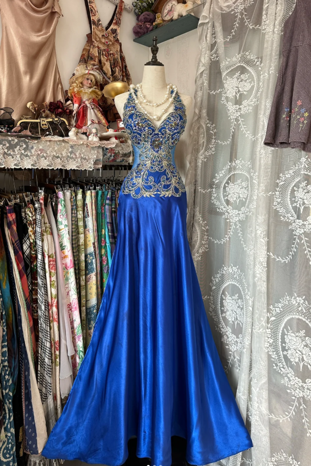 Gorgeous Royal Blue Halter Satin Beaded Mermaid Evening Dress Long Birthday Party Gown D1666