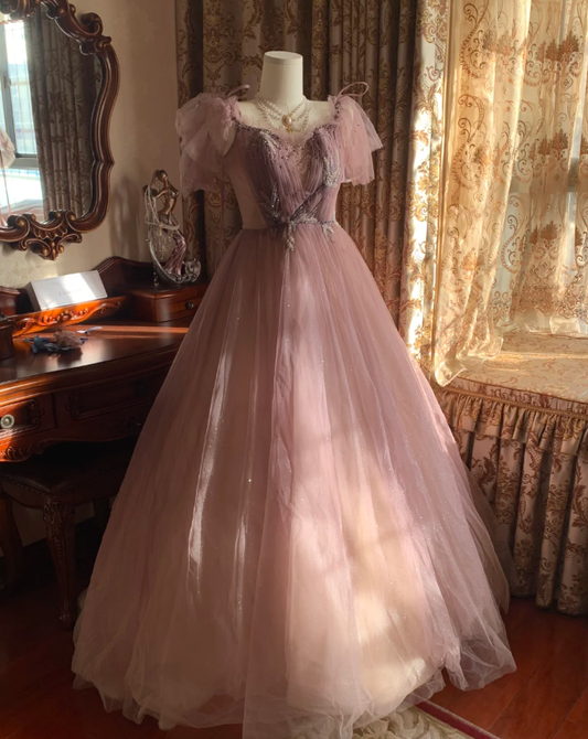 Sweet Tulle Sequin Beaded Ball Gown Pink Long Evening Dress Birthday Party Dress D1773