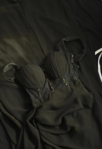 Vintage Green Spaghetti Straps Satin Beaded Mermaid Slit Long Evening Dress Party Gown D2202