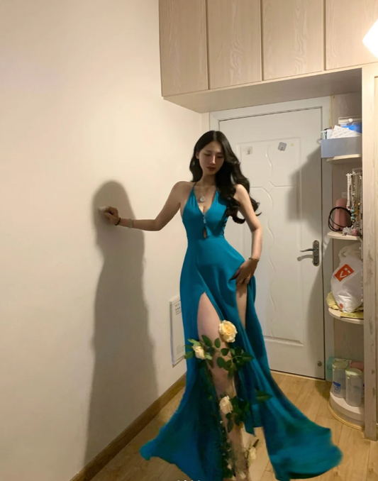 Chic Blue Halter V Neck Satin Slit Mermaid Evening Dress Long Party Gown  D849