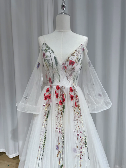 Charming White Tulle Floral V Neck Long Party Dress Birthday Evening Dresses D2467