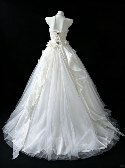 Pretty Strapless White Tulle Beaded 3D Floral Long Wedding Dress D5267