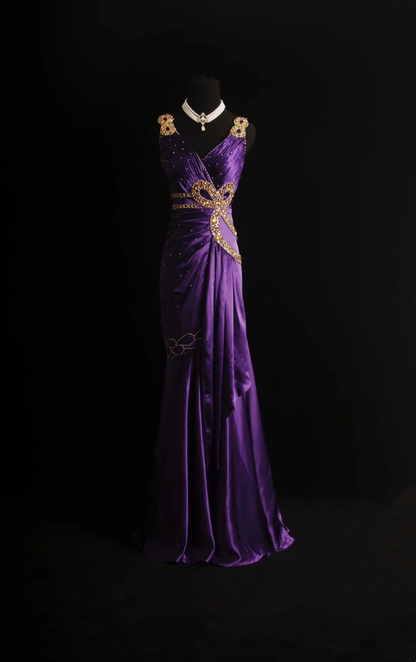 Stylish V Neck Satin Beaded Purple Mermaid Long Prom Dress Evening Dress D4564