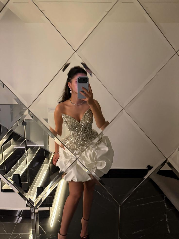 Sexy White strapless Satin Pleated Beaded A Line Short Cocktail Dress,Formal Graduation Homecoming Dress D3690