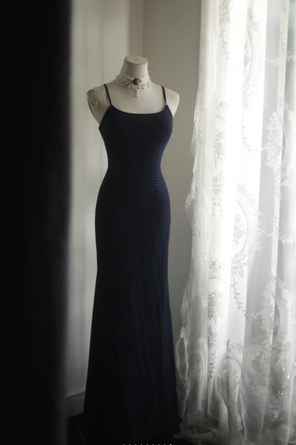 Classy Spaghetti Straps Navy Blue Beaded Mermaid Long Evening Dress Formal Wedding Guest Dress D2197