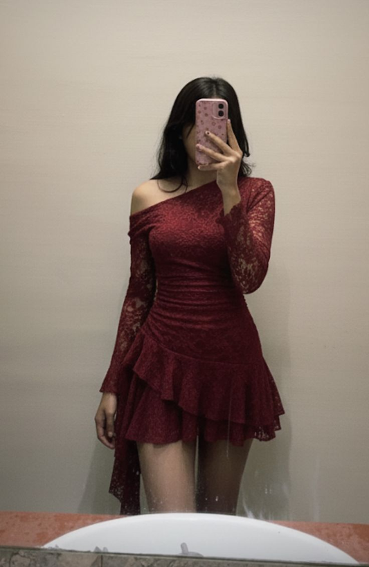 Vintage Burgundy One Shoulder Lace A Line Short Homecoming Dress Birthday Dress D3240