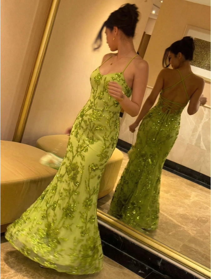 Elegant Spaghetti Straps Green Tulle Sequin Floral Mermaid Long Evening Dress Birthday Party Dress D4724