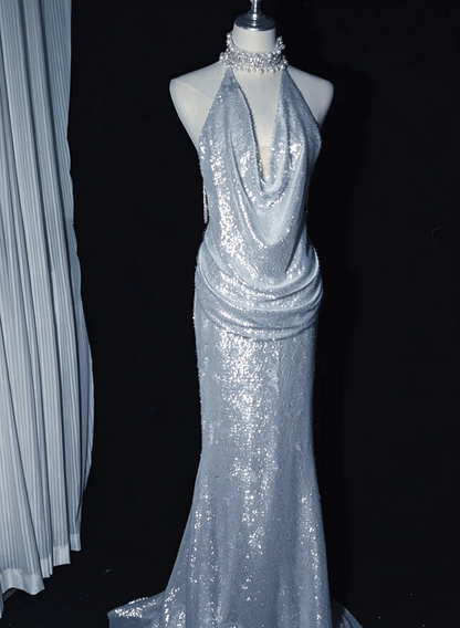 Glamorous Silver Sequin Tassel Mermaid Long Evening Dress Halter Backless Party Dress D5167