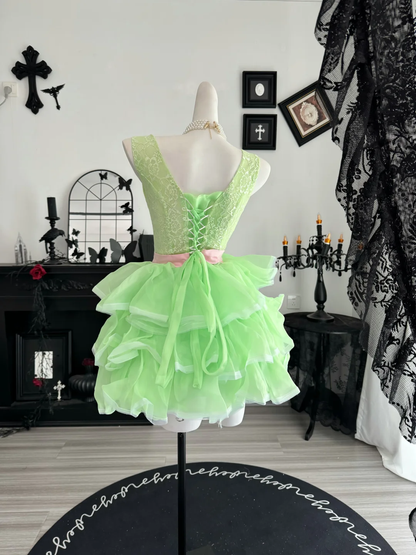 Classy Green Tulle Lace Layered Short Graduation Homecoming Dress Birthday Outfits D4610