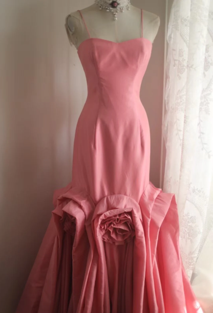 Elegant Spaghetti Straps Pink Satin Pleated Floral Mermaid Long Party Dress Birthday Evening Gown D2210