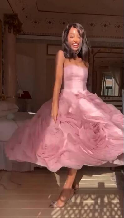 Glamorous Pink Tulle 3D Floral A Line Long Party Dress Strapless Long Evening Dress D4294
