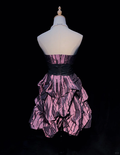 Vintage Purple Satin Pleated A Line Short Graduation Homecoming Dress,Strapless Mini Birthday Dress D3372
