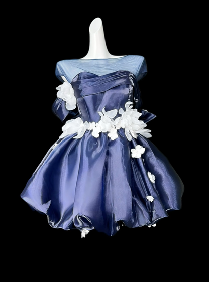 Fashion Navy Blue Off The Shoulder Satin Tulle Applique A Line Short Graduation Homecoming Dress,Mini Birthday Dress D4198