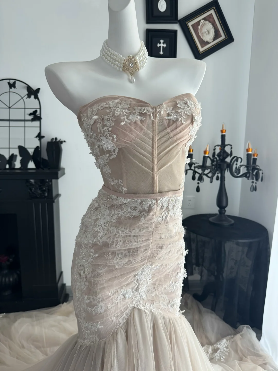 Elegant Light Apricot Tulle Appliques Mermaid Party Dress,Strapless Long Evening Dress D3691