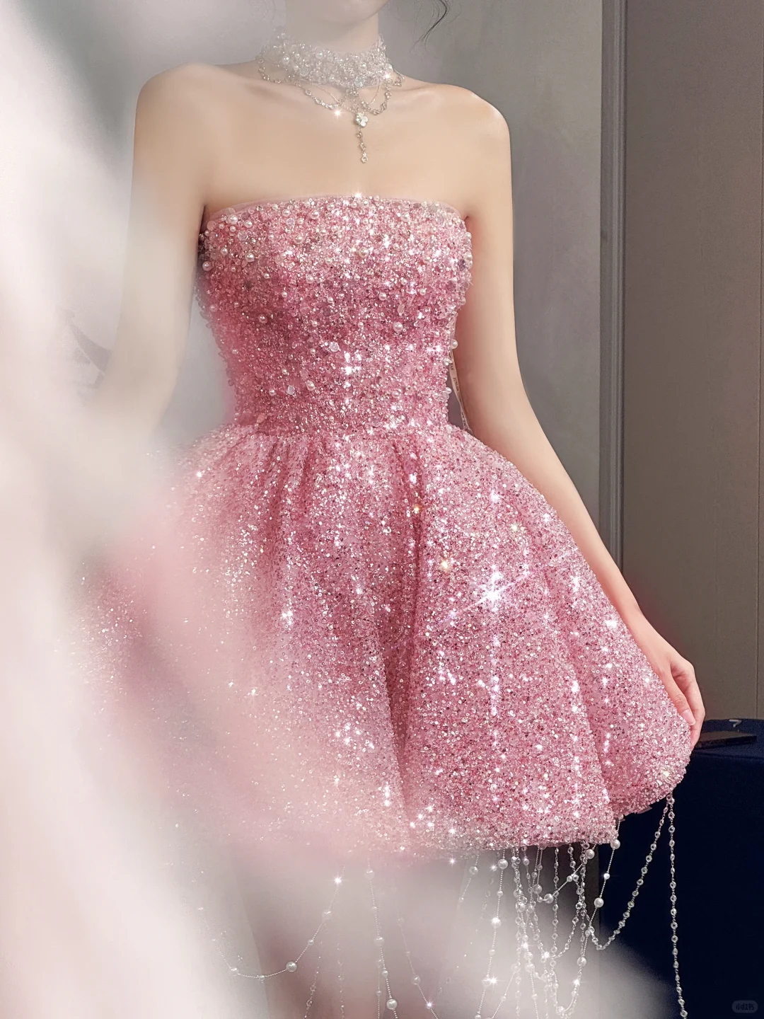 Gorgeous Pink Strapless Sequin Beaded A Line Short Homecoming Dress Birthday Dress With Tassel D3065