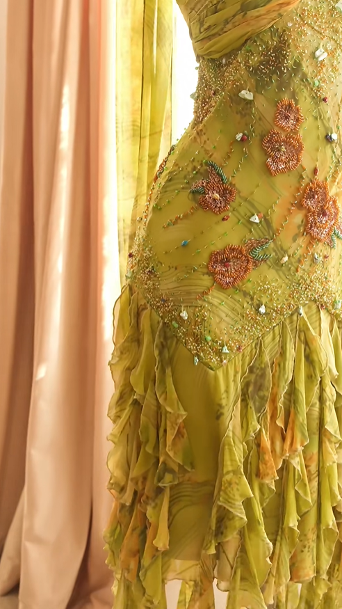 Unique Spaghetti Straps Chiffon Beaded Ruffles Evening Dress Olive Yellow Birthday Prom Gown D2720