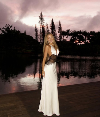 Pretty Halter Ivory V Neck Satin Lace Mermaid Long Party Dress Formal Wedding Guest Dress D1745