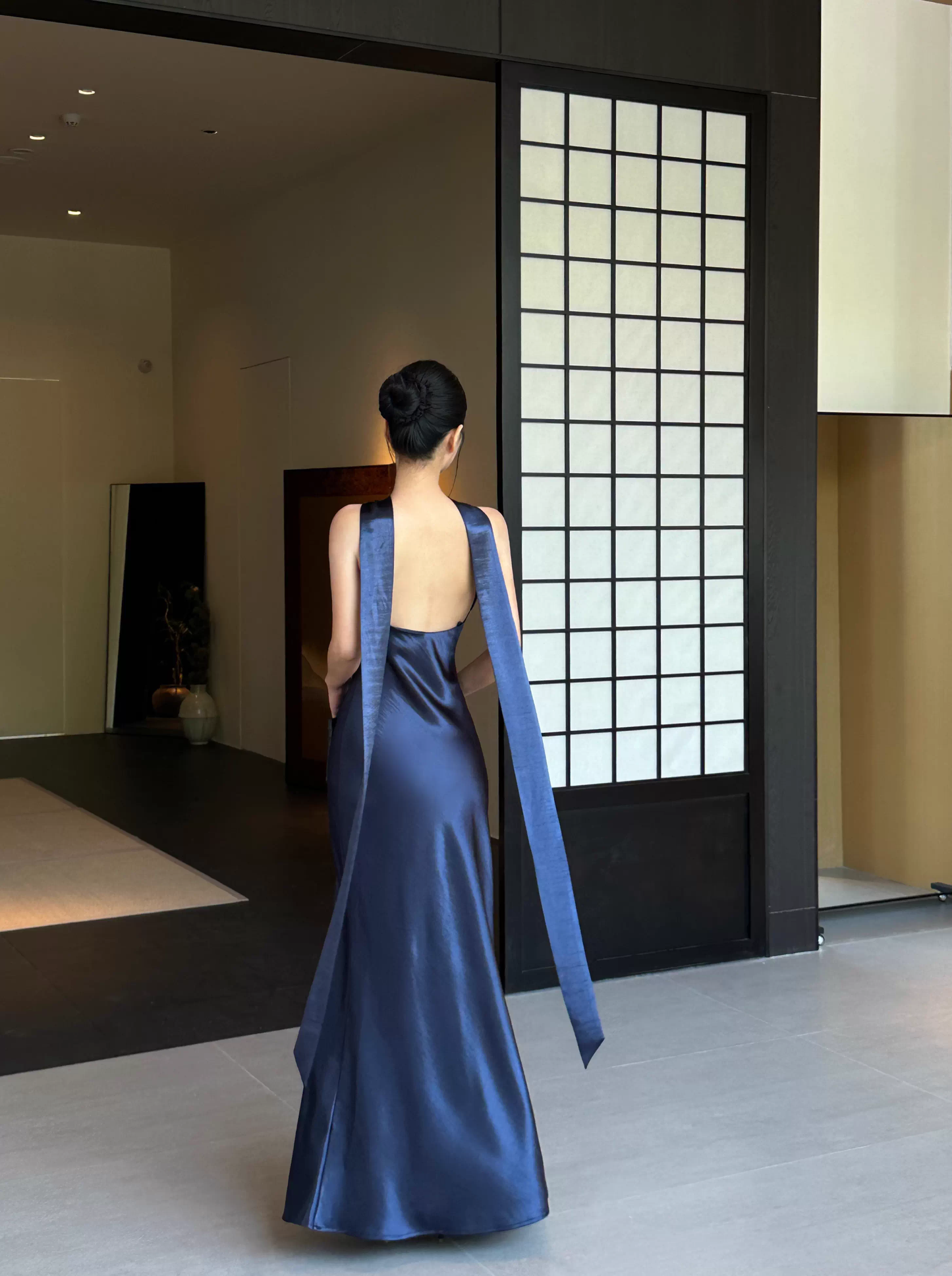 Classy Sleeveless Navy Blue Satin Mermaid Long Wedding Guest Dress Formal Backless Party Dress Evening Gown D2082