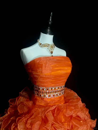 Unique Orange Tulle Pleated Beaded A Line Short 20th Birthday Outfits,Strapless Short Party Dress D4072