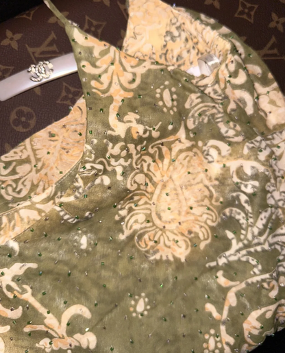 Vintage Spaghetti Straps Green Chiffon Print Floral Beaded Mermaid Evening Dress Long Party Dress D1266