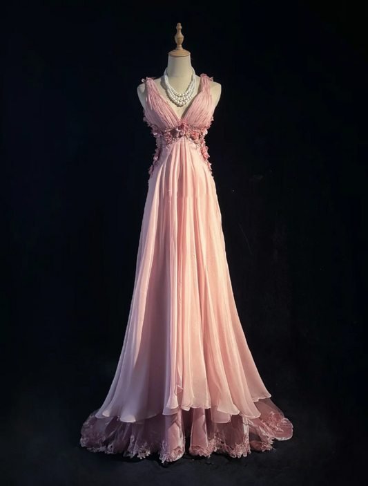 Classy V Neck Chiffon Beaded Appliques Long Evening Dress,Pink Mermaid Birthday Prom Gown Formal Wedding Guest Dress D2020