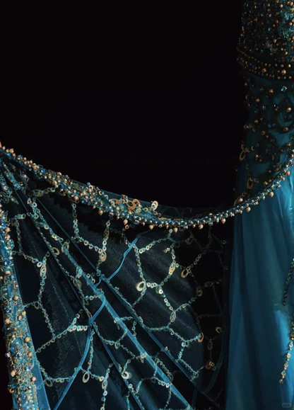 Gorgeous V Neck Blue Satin Tulle Beaded mermaid Long Party Dress Evening Dress D5076
