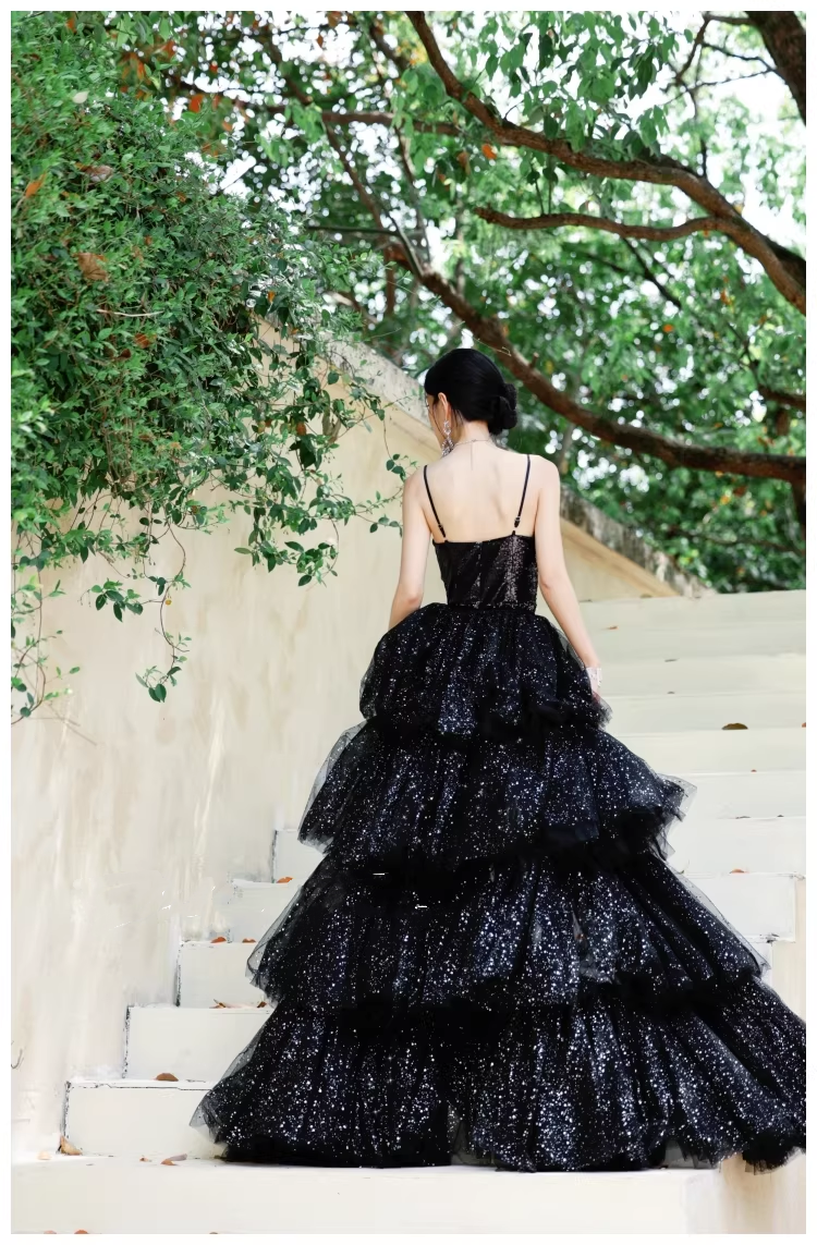 Sparky Black Spaghetti Straps Tulle Sequin Layered Long Birthday Evening Dress Party Dress D2427