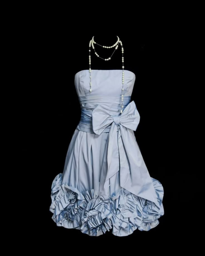 Sweet Strapless Satin Ruched Bow Short Party Dress,Blue Short Graduation Homecoming Dress D4226