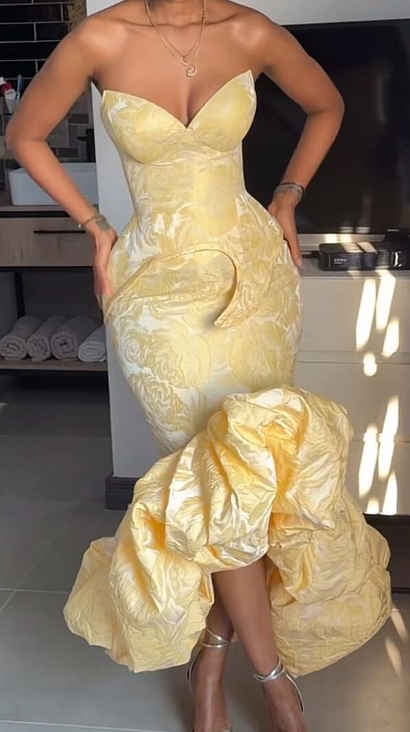 Chic Strapless Yellow Satin Print Floral Mermaid Long Party Dress Prom Dresses D4418