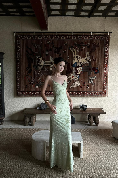 Pretty Spaghetti Straps Satin Floral Beaded Long Party Dress Sage Green Mermaid Long Evening Gown D4917