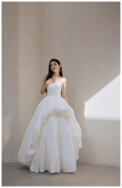 Charming Strapless White Satin Pleated Puff Birthday Party Dress Formal Prom Dresses D2413