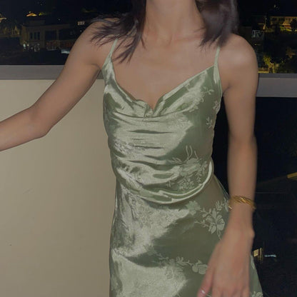 Unique Green Satin Print Floral Short 7th Grade Homecoming Dress,Spaghetti Straps A Line Mini Party Dress D4120