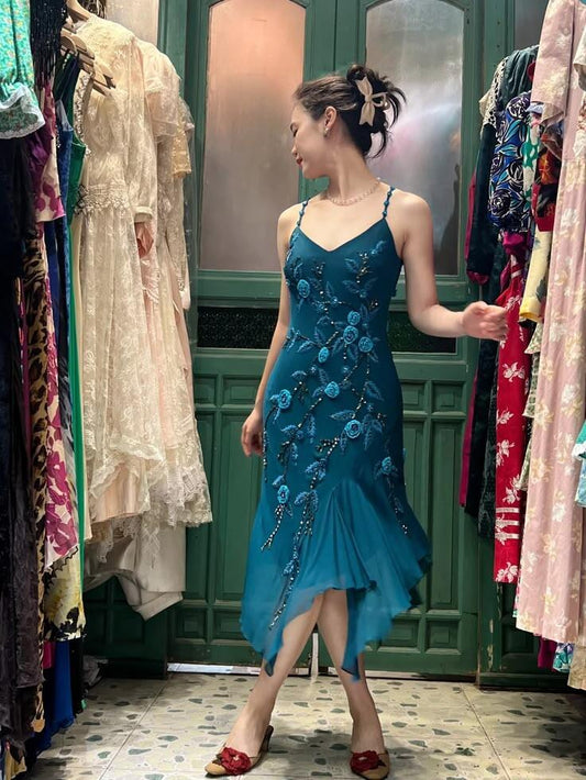 Vintage Peacock Blue Chiffon Beaded Floral Long Party Dress,Spaghetti Straps Mermaid Evening Gown D3478