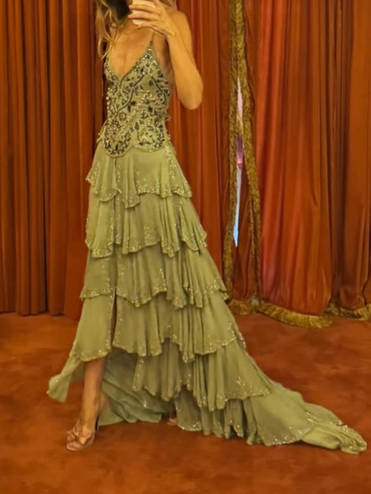 Pretty Mint Green Chiffon Beaded Layered Long Party Dress Evening Dress D4626