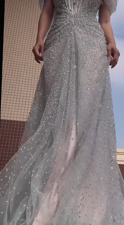 Sparkly Silver Tulle Sequin Beaded Mermaid Long Evening Dress Off The Shoulder Birthday Party Dress D2030