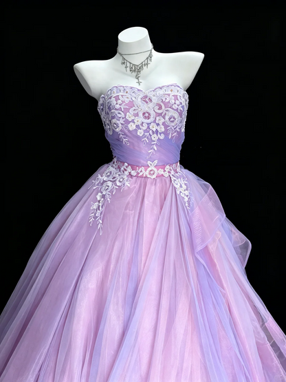 Classy Lavender Tulle Appliques Satin Long Evening Dress Sweetheart Neck Birthday Party Dress D5289